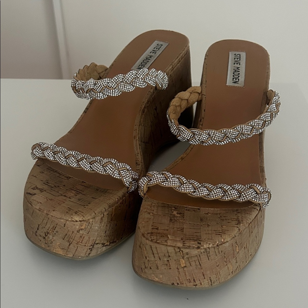 Steve Madden 9.5 Cork Wedge Sandals with Braided Rhinestone Straps